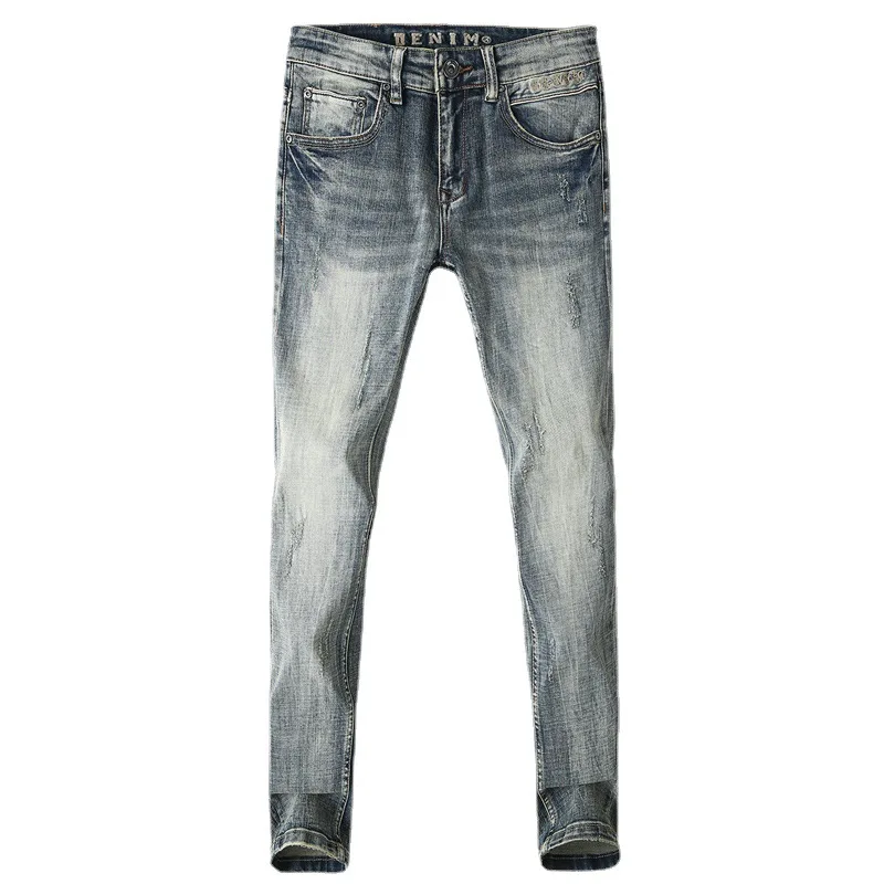 Italian Designer Men Jeans High Quality Retro Gray Blue Elastic Stretch Slim Fit Ripped Jeans Men Embroidery Vintage Denim Pants