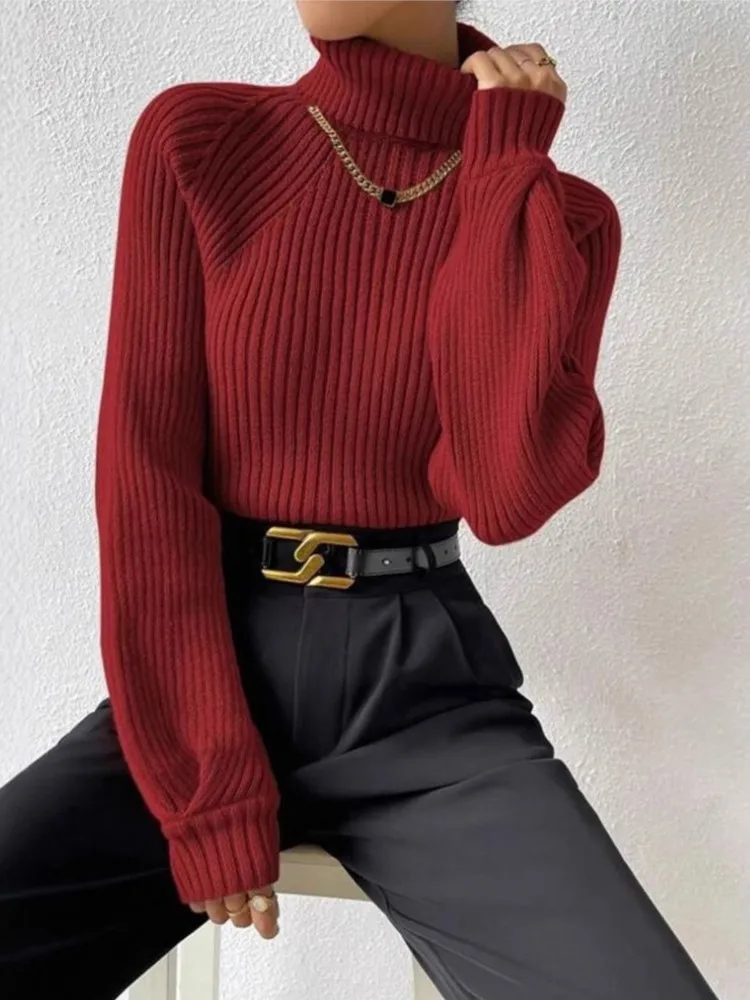 

Winter Clothes Woman Pulls Femmes Loose Slim Turtleneck Raglan Sleeve Knitted Pullover Sweater All-match Simple Style Commuting