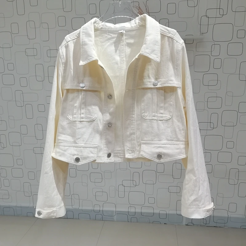 Spring Autumn Women White Short Denim Jacket Multi-pocket Decoration Casual Lapel Single-breasted Long Sleeve Jeans Jacket Coat