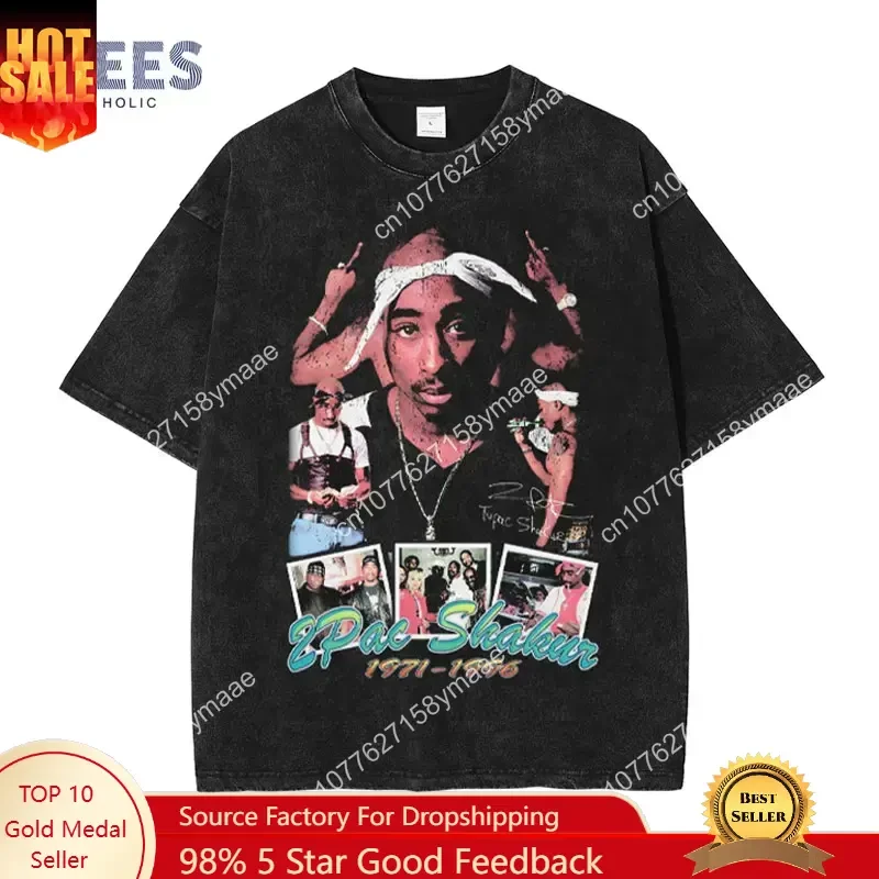 

Hip Hop 2Pac T Shirt Tupac Vintage Washed Rapper Amaru Shakur T-shirts Oversized Old School Tshirts Makaveli Retro Tops Tees Men