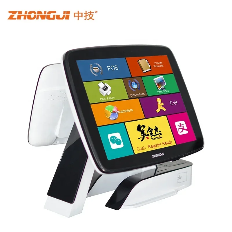 ZHONGJI tpv sale All in One Double Screen POS 15\'\' LCD Display Touch termin Pos System Cash Register Terminal with 58mm Printer
