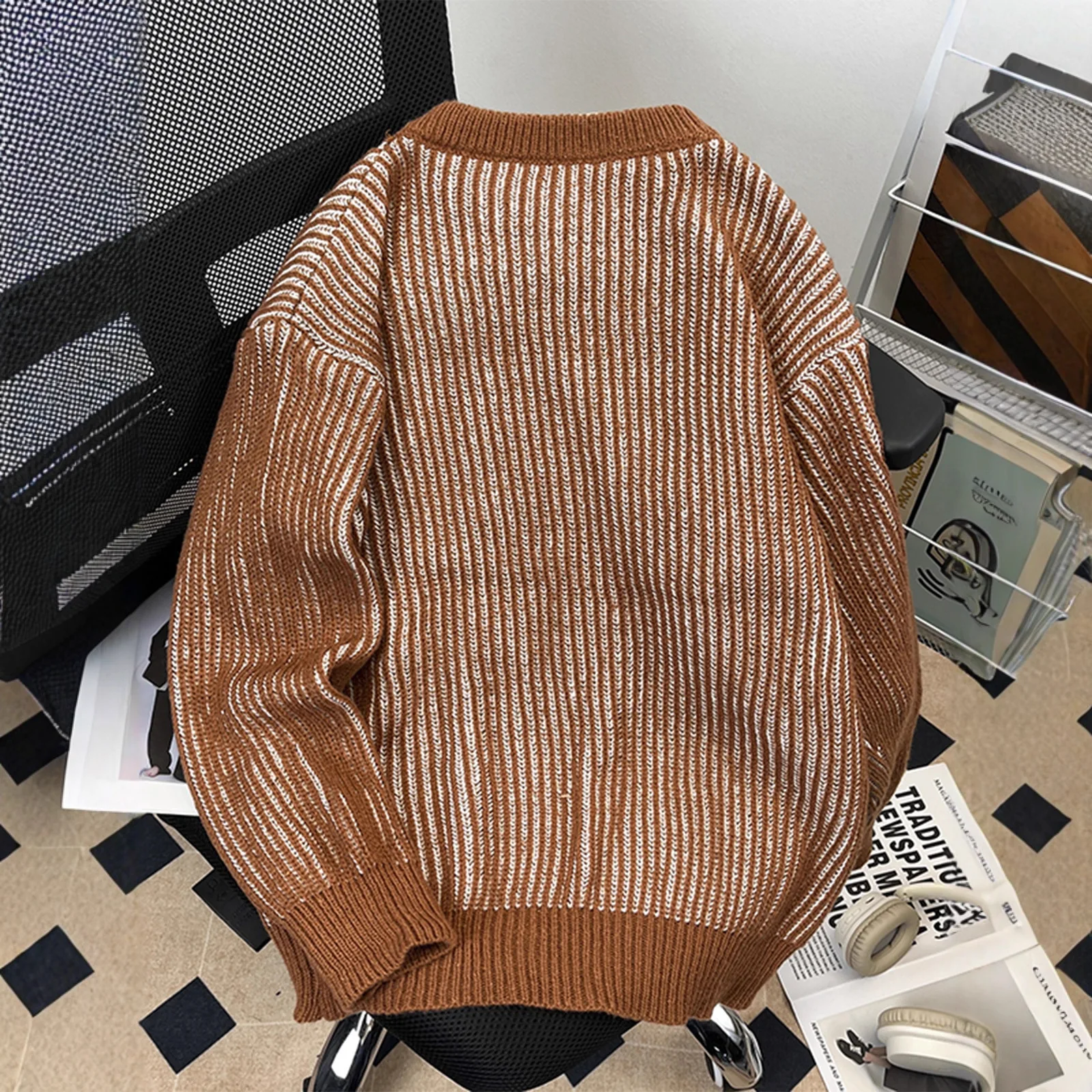 

Мужской повседневный свободный вязаный свитер Thiened Fce на подкладке в полоску с круглым узором Ne Overhead Winter Faion Top Quali Polye...