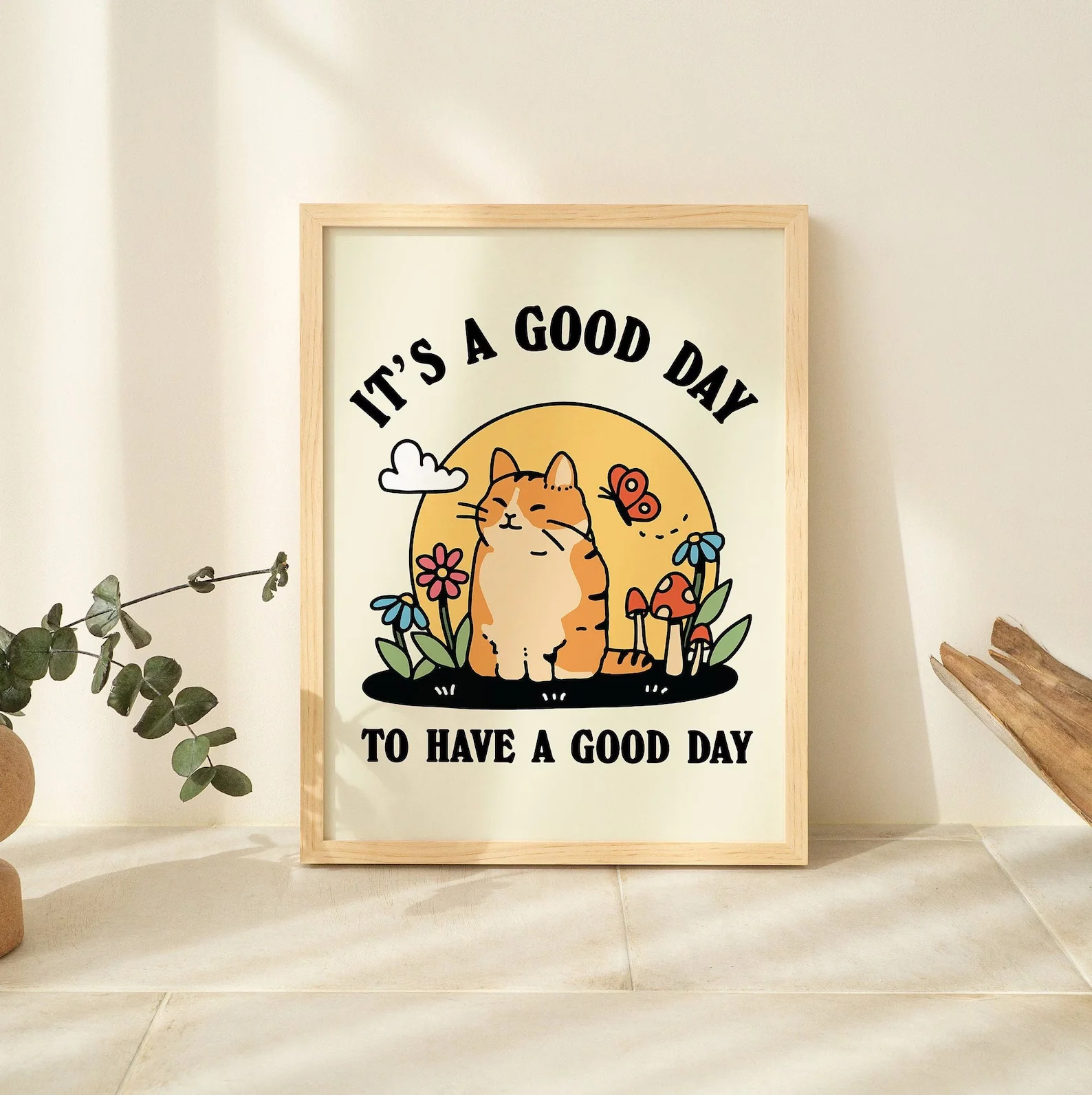 Cat Illustration Wall Print, Happiness Quote, Cute Kids Classroom Posters, Cottagecore Nursery Decor, Green Orange Animal Prints