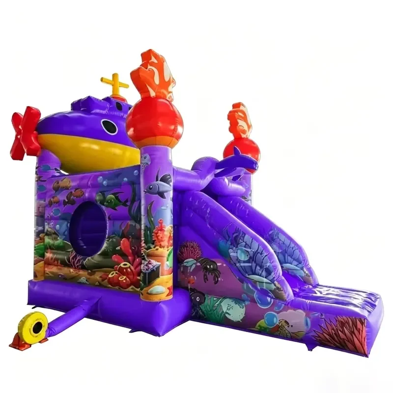 Underwater Pirate Themed Inflatable Bounce Slide Combo with Shark and Octopus Prints for Kids Adventure Parties