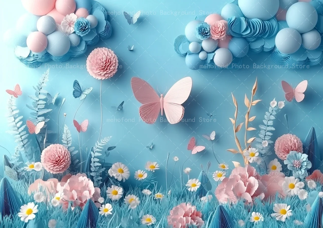 Mehofond Photography Background Blue Wall Butterfly Balloon Flower Decoration Daisy Grass Kids Family Portrait Backdrop Decor