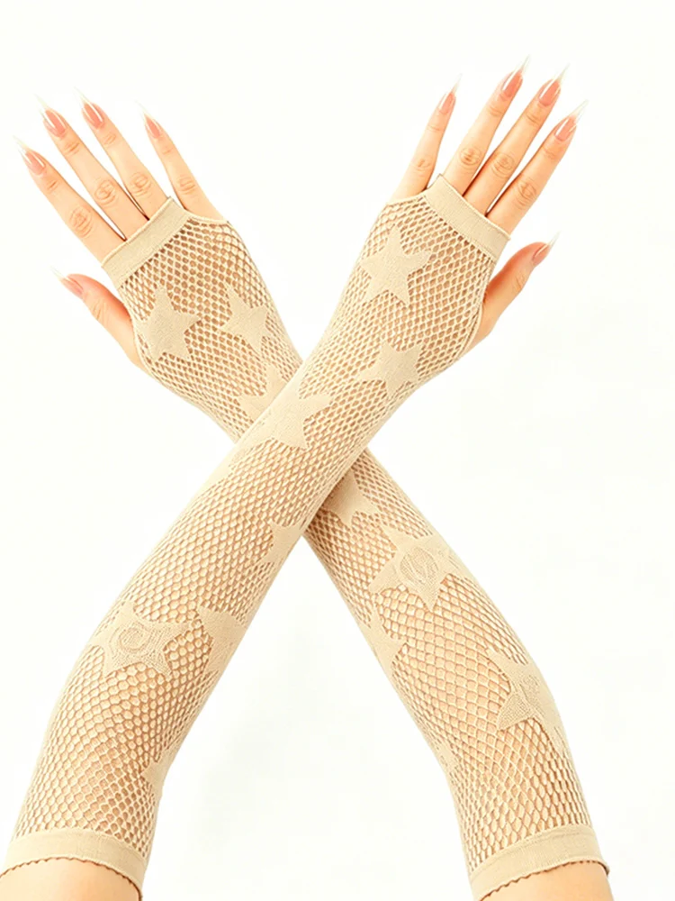 Star Fishnet Handschuhe Dunkle Zerrissene Netzärmel Punk Goth Mesh Lange Armstulpen Halbfinger-Accessoires – Detail 9