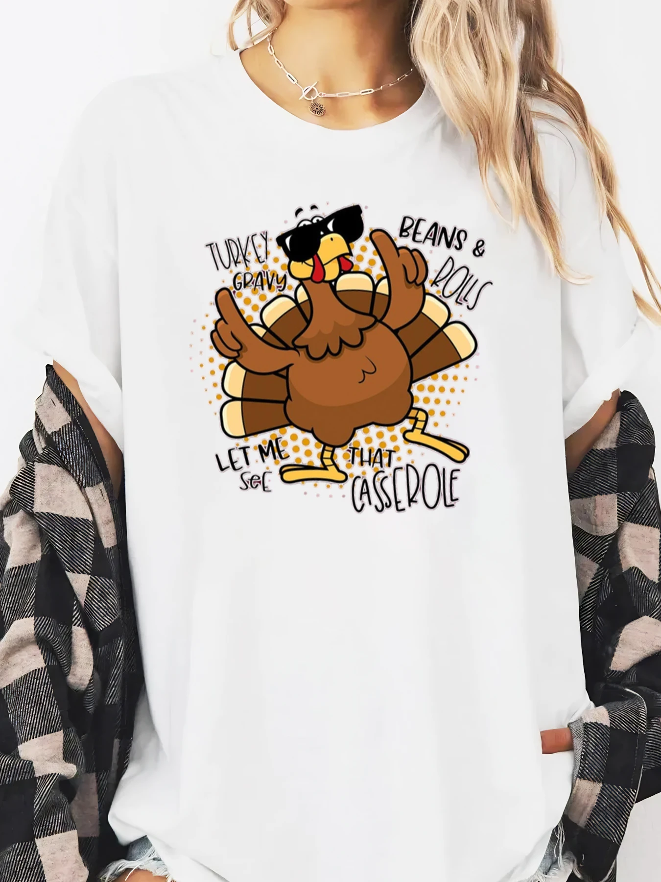 تركيا المرق الفاصوليا رولز اسمحوا لي الحصول على تلك الخزفي طباعة الشكر تي شيرت المرأة عادية الخريف عطلة الأبيض حجم كبير