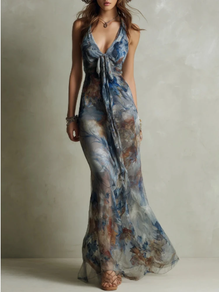 Elegante Vestido Halter para Mujer, Verano, con Lazos, Escote Profundo en V, Espalda Descubierta, Estampado Floral, Vestido Largo sin Mangas, Chifón, Ajustado, Maxi Vestidos