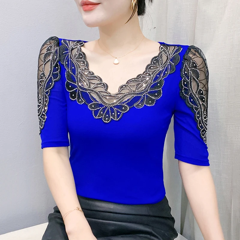 

Women's Summer V-Neck T-Shirt Half Sleeve Sexy Mesh Perspective High Stretch Tight Fit Diamond Mesh Elegant Top