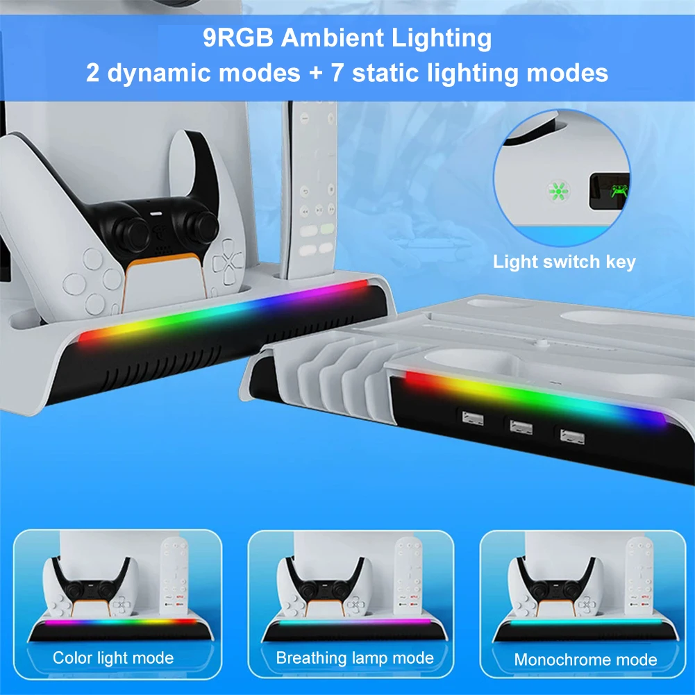 ل PS 5 سليم/PS 5 برو حامل التبريد وحدة تحكم محطة شحن 3 مستويات مروحة التبريد وحدة تحكم مزدوجة شاحن أضواء RGB