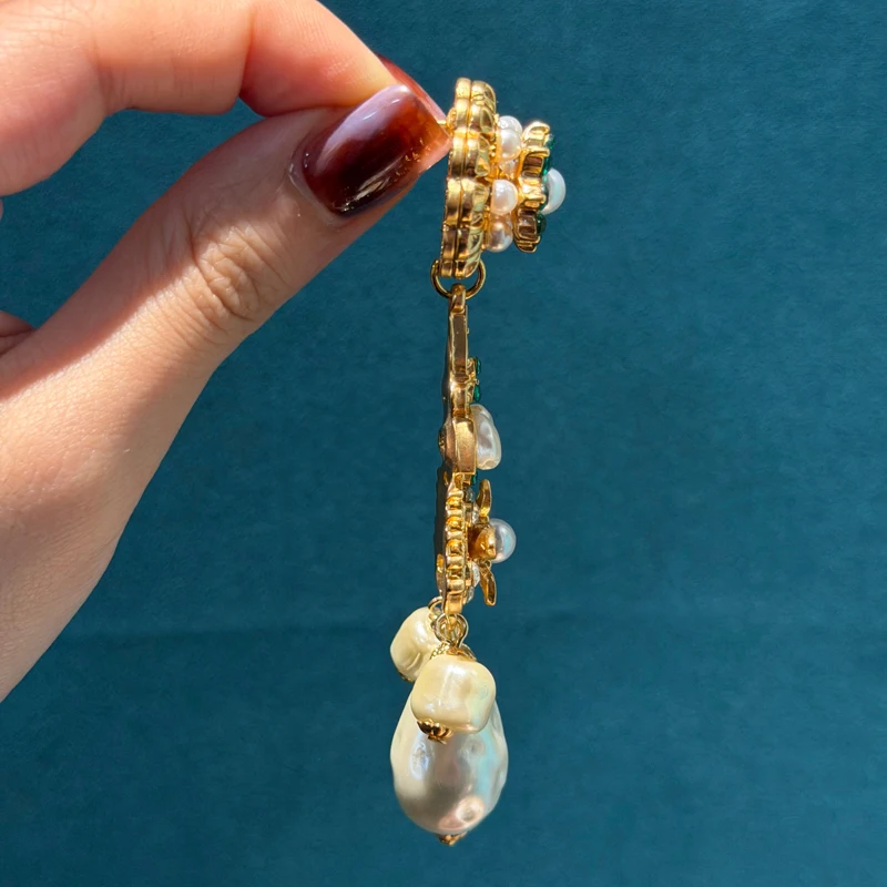 الباروك نمط أقراط اللؤلؤ المياه العذبة قطرة الماء استرخى سحر طويل الذهب اللون الراين امرأة اكسسوارات خمر مجوهرات