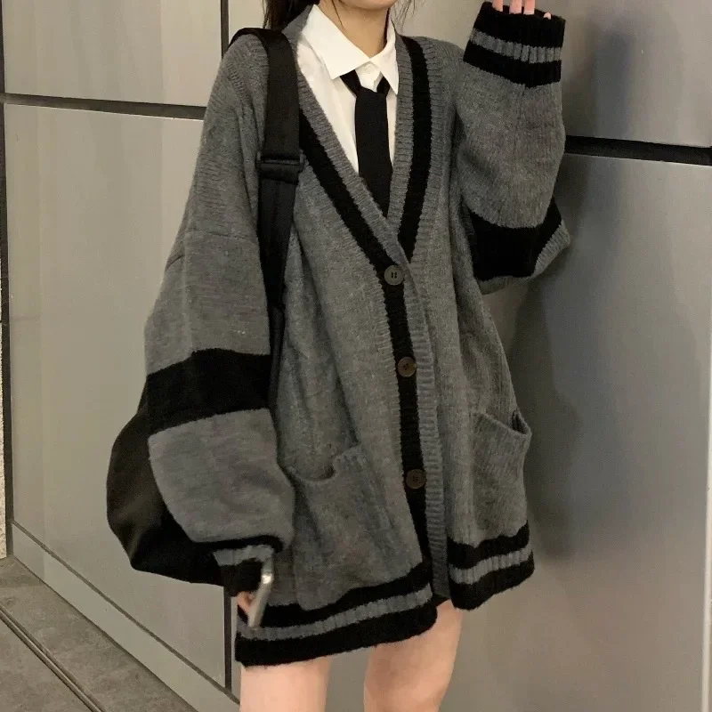 Cardigan Women Striped Knit Sweater V Neck Coat Spliced Button Pocket Jumpers Elegant Loose Vintage Thick Coats Jumpers