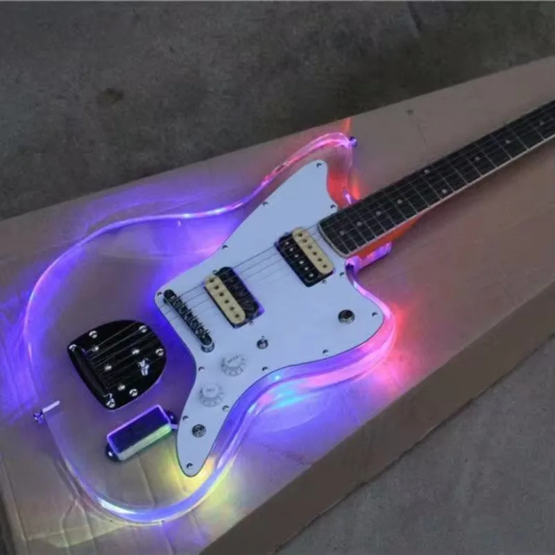 STLF Flyoung High Quality Acrylic Electric Guitar 7 Colors LED Lights White Pickguard Maple Neck Plexiglass Guitar