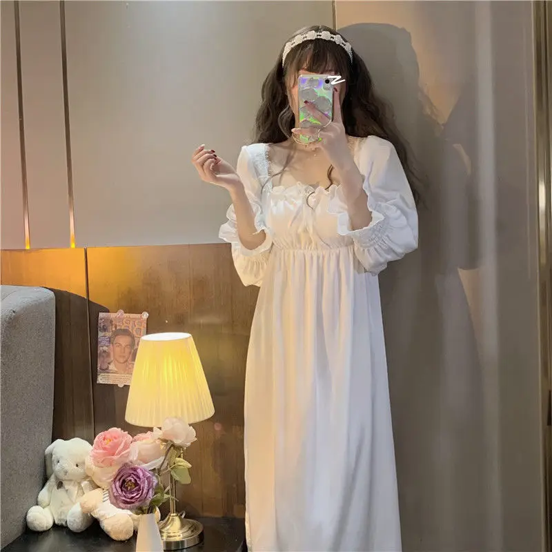 Vintage French Style Nightgowns Women Square Collar Loose Smooth Autumn Ruffles Designed Princess Simple Sleepwear Cozy Ins Chic