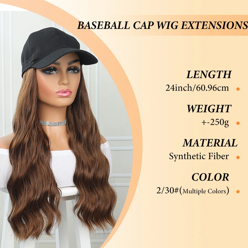 Baseball Cap with Hair Extensions 24 inch Long Wavy Heat Resistant Synthetic Fiber Hairpieces Adjustable Hat Wig for Women