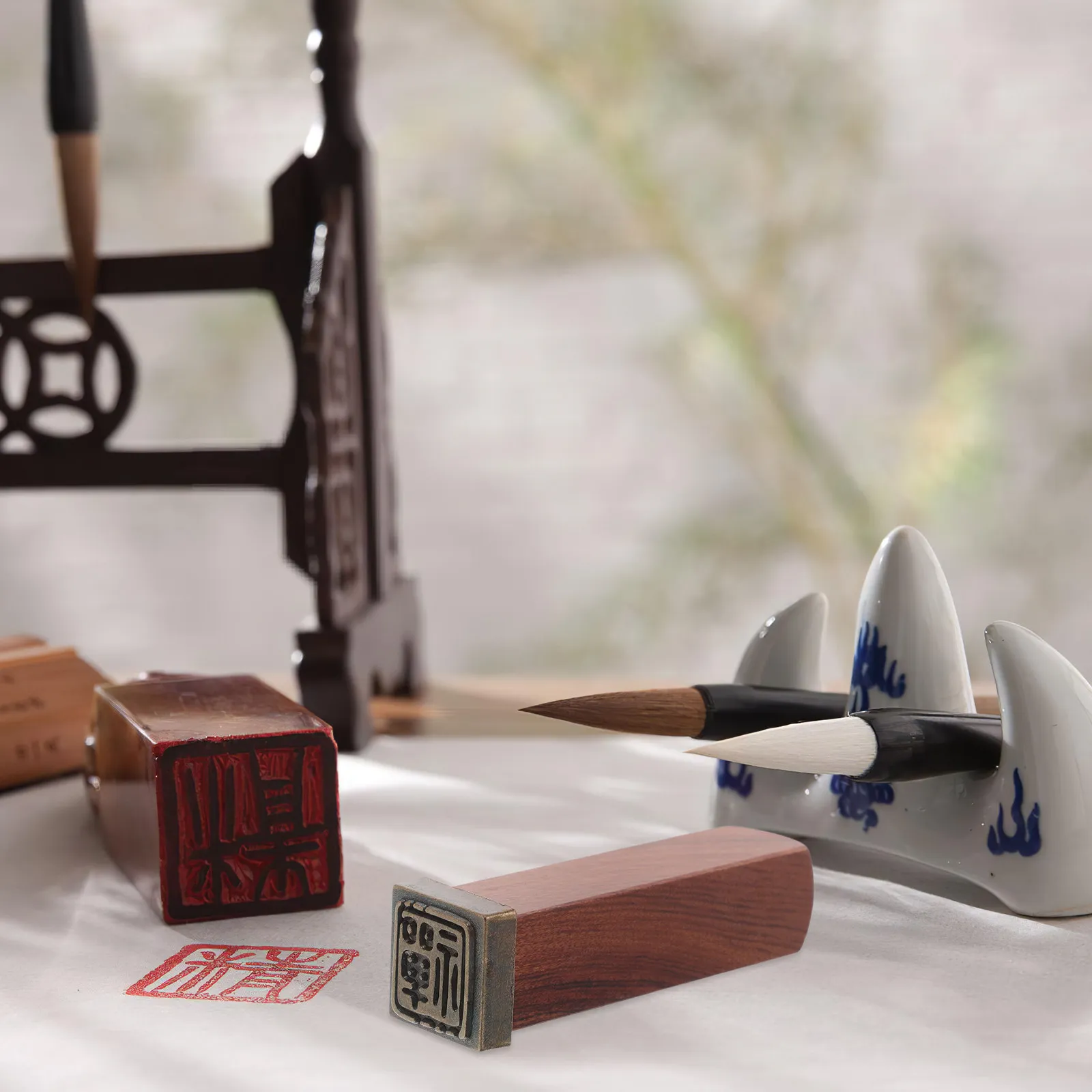 Set de Sellos de Caligrafía con Punta Dura, Sello Chino de Madera de Sándalo Negro con Patrón de Nubes Zen, Sello Tradicional de Madera Grabada para Manualidades