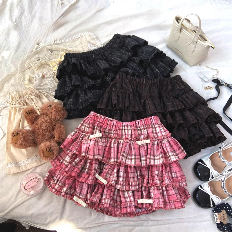 

Japanese Kawaii Plaater JK Short Skirts Harajuku Y2k Lolita Style Layer Upon Layer Cake Skirts Women Sweet Cute Bow Skirt Shorts