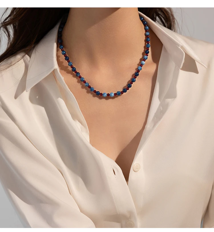 Leichter Luxus Naturstein-Perlenkette Blauer Achatstein Kurze Halskette 2025 Trendiger Schmuck für Frauen Schlüsselbeinkette Accessoires – Detail 3