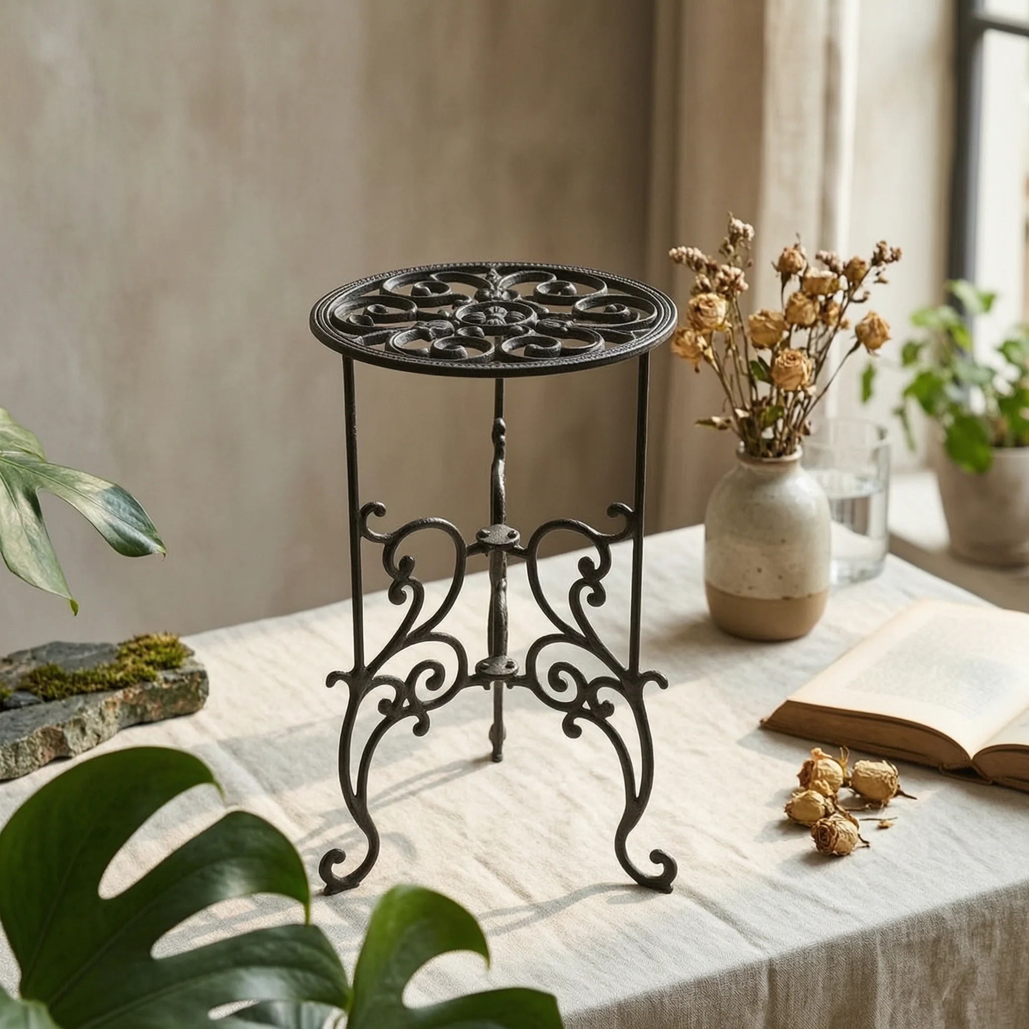 Wrought Iron Plant Stand Decorative Iron Pedestal with Scrollwork Round Plant Stand Weather Resistant Display Riser Stable