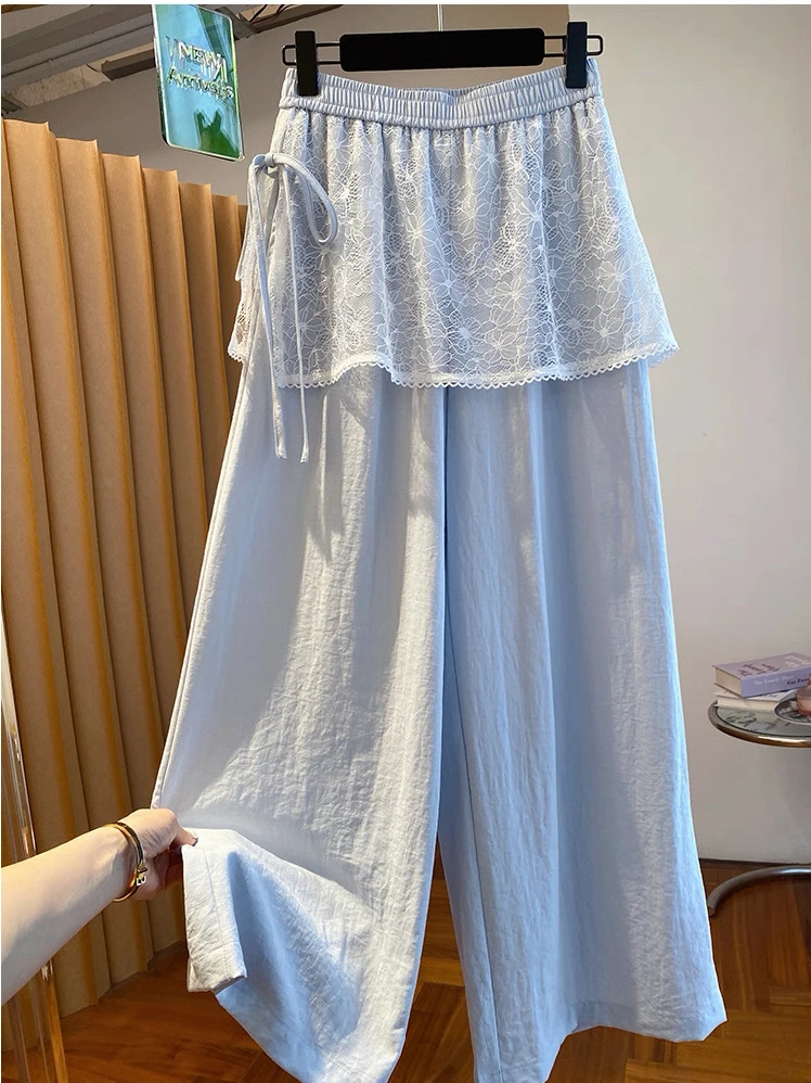 

plus Size Women's Summer Lace Panel Wide Leg Pants Elastic Waist Thin Casual Trousers Casual Straight Polyester Fiber Skin-fr...