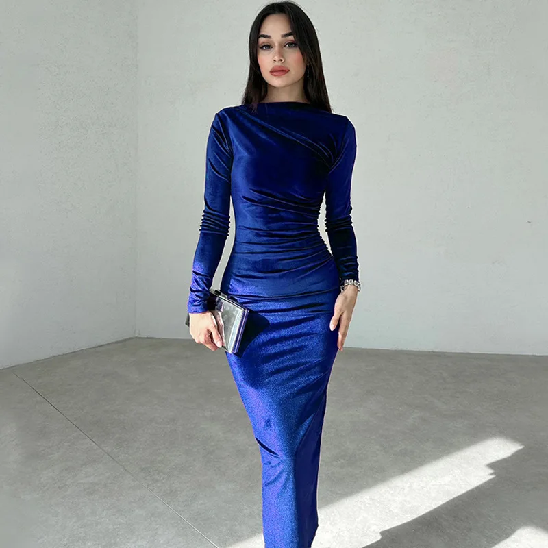 2024 Autumn and Winter Fashionable Solid Color Slim Fit Dress with Pleated Round Neck Long Sleeved Dress Maxi Dresses for Women