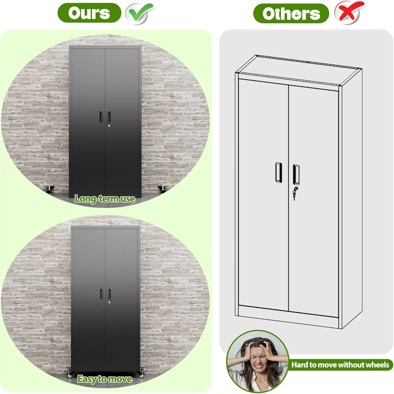 Garage Storage Cabinet with Optional Wheels,73" Metal Lockable File Cabinet with 2 Doors and 4 Adjustable Shelves,Tool Storage,