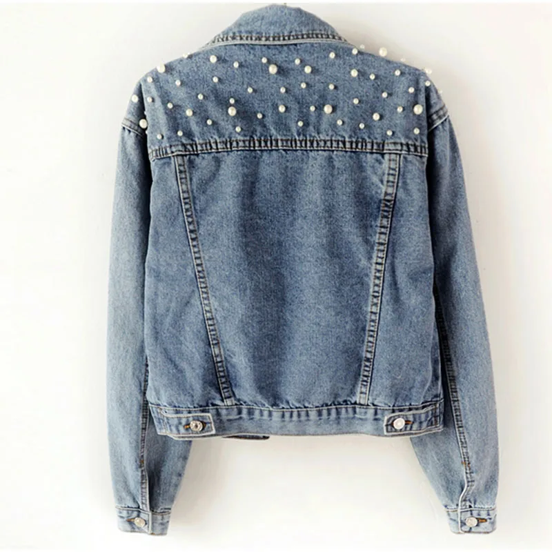 Pearl Beading Short Denim Jackets 3Xl 5Xl Women White Wash Long Sleeve Vintage Casual Jean Jacket Bomber Denim Coat