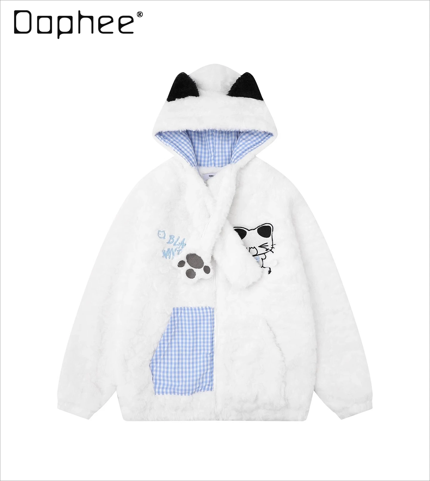 

Autumn Winter New Men's Cute White Cat Ear Plaid Patchwork Cardigan Couple Black Loose Casual Thickened Hooded Sweatshirt