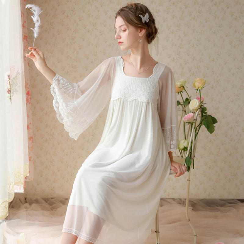 Sweet Mesh Night Dress Women Fairy White Long Sleeve Embroidery Lace Peignoir Nightwear Victorian Nightgowns Princess Sleepwear