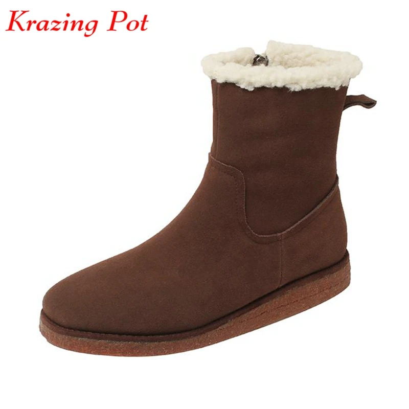 

Krazing Pot Cow Suede Wool Blend Fur Round Toe Winter Keep Warm Snow Boots Low Heels Flat Platform British School Ankle Boots