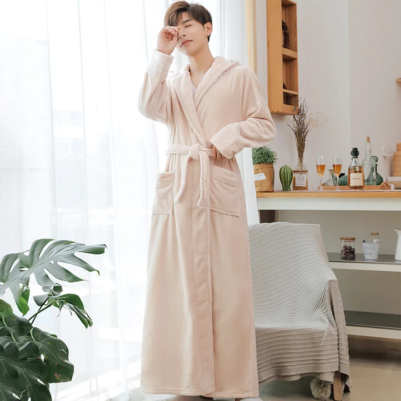 Homens longo robe grosso flanela com capuz kimono roupão de banho sleepwear outono inverno quente lounge wear casual coral velo homewear