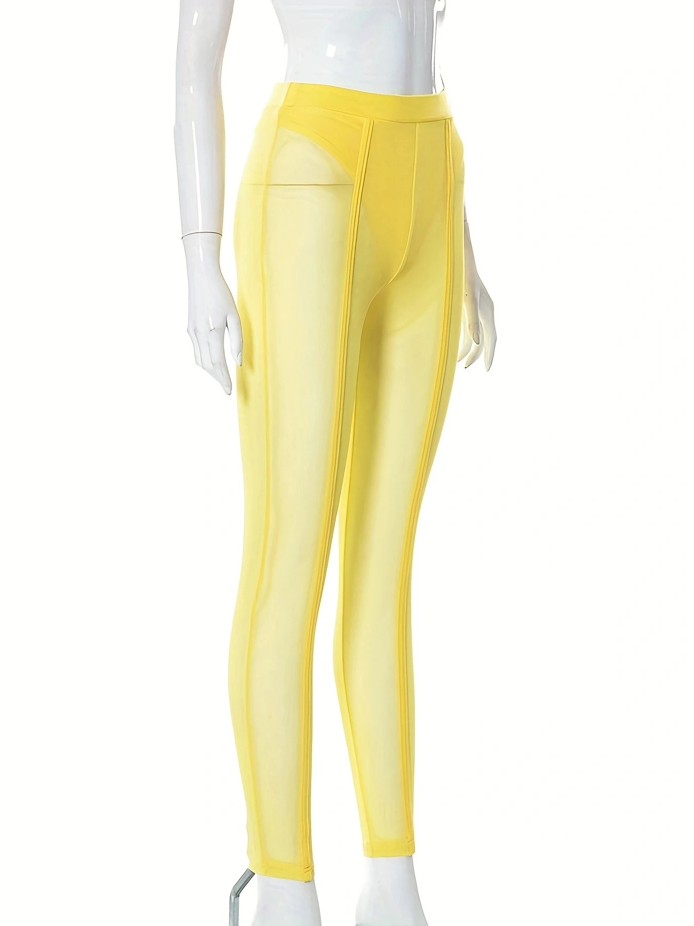 Women Summer Transparent Yellow Mesh See Through Long Stretch Pants Club Dance One Piece Trousers