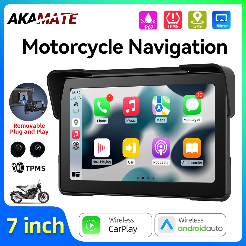 

7 Inch Motorcycle Navigation Monitor Screen Wireless CarPlay Android Auto GPS Waterproof IPS Bluetooth Portable for Harley Yamah