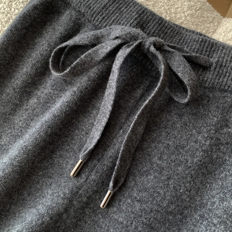 

High End Dressing With Gray Wool Knitted Wide Leg Pants For Women'S Autumn And Winter Loose Casual Cashmere Straight Leg Pants