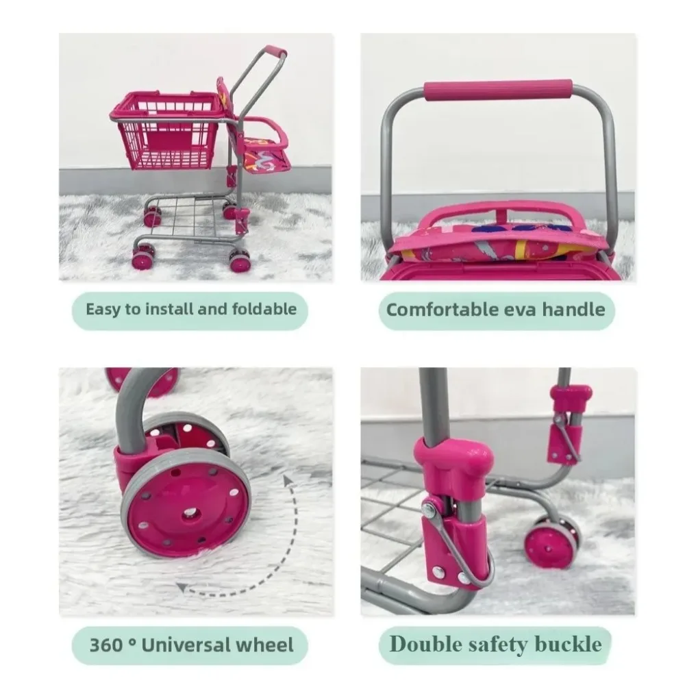 Baby-Puppen-Einkaufswagen für Mädchen, Kinder, Kleinkinder, Rollenspiel, Einkaufsspielzeug mit abnehmbarem Korb, stabiler Metallrahmen, Weihnachtsgeschenke
