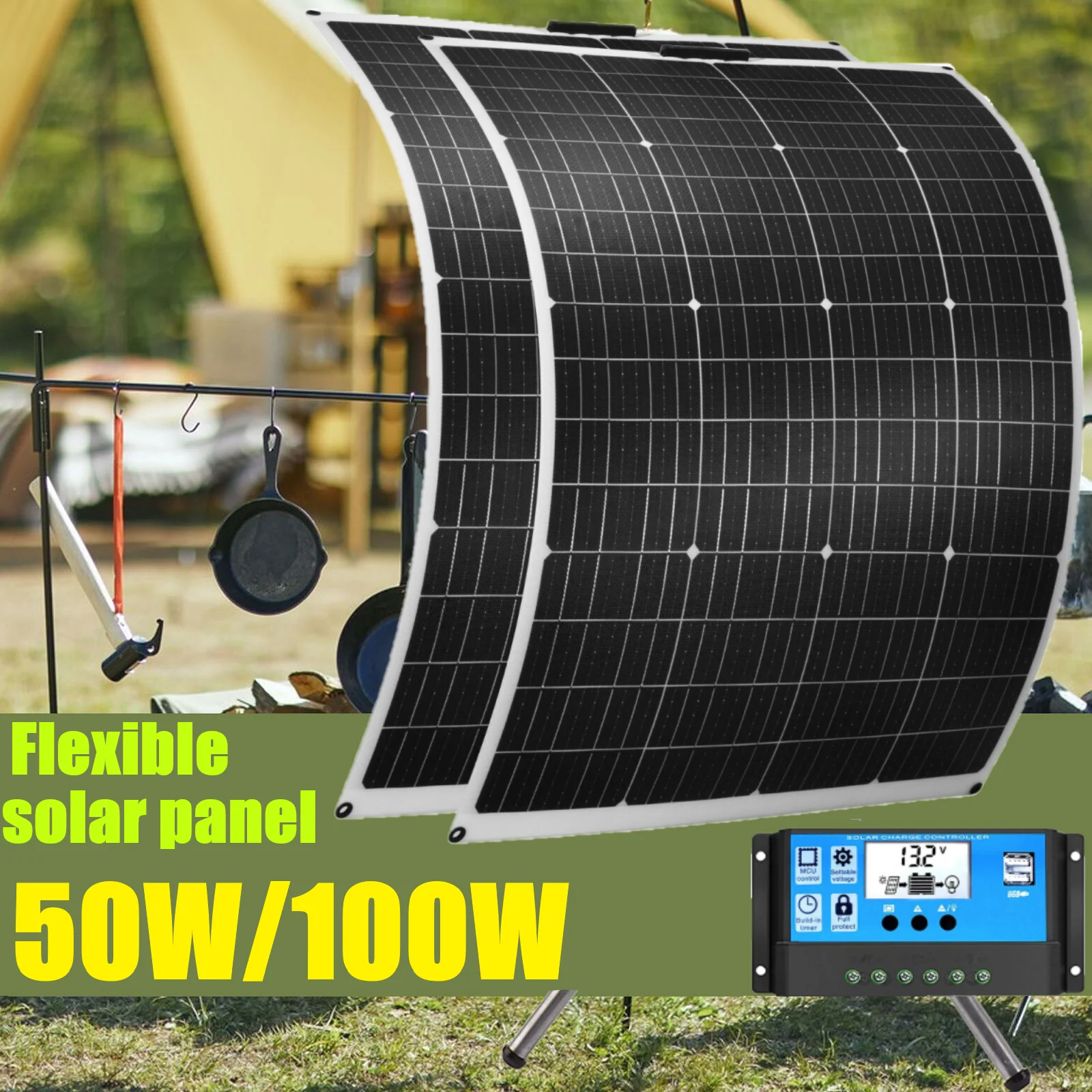 Flexible 2PCS 50W Solar Panel 12V/24V Solar System Accessory Solar Controller 30A Solar Cells 100W/200W Camping Kits Power Bank