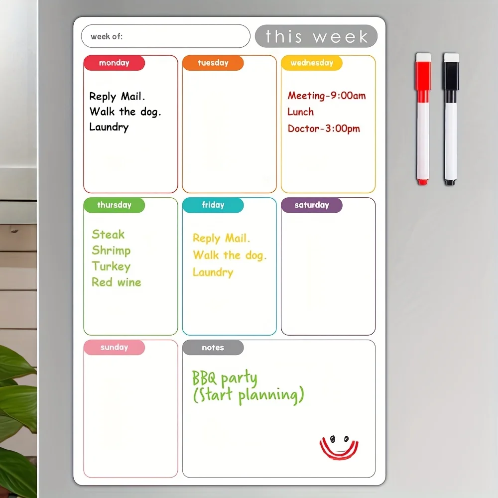 Magnetischer Wochenplaner, abwischbarer Kühlschrankkalender, Whiteboard, 2 Marker, für den Organizer zu Hause und im Büro