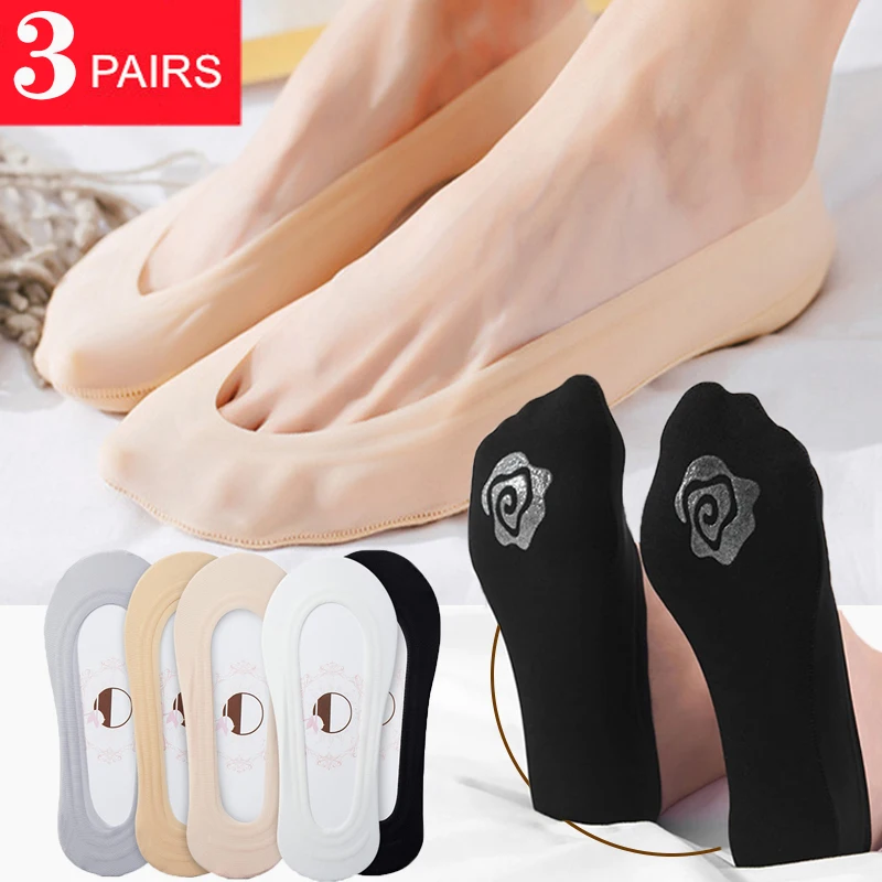 3Pairs Slipper Silicone Non-slip Ice Silk Socks Women Seamless Invisible Thin Low Ankle Boat Socks Female Sexy Transparent Socks