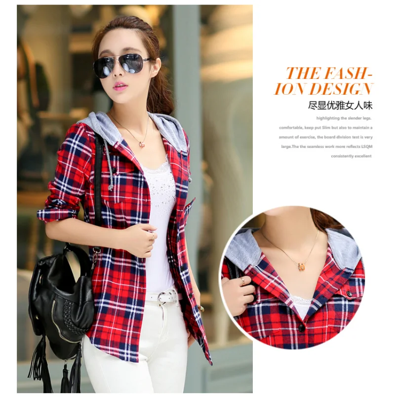 Women\'s Casual Plaid Shirt, Hooded, Long Sleeve, Loose, Single-Breasted, Harajuku, Checkered Blouse, Oversized Clothes