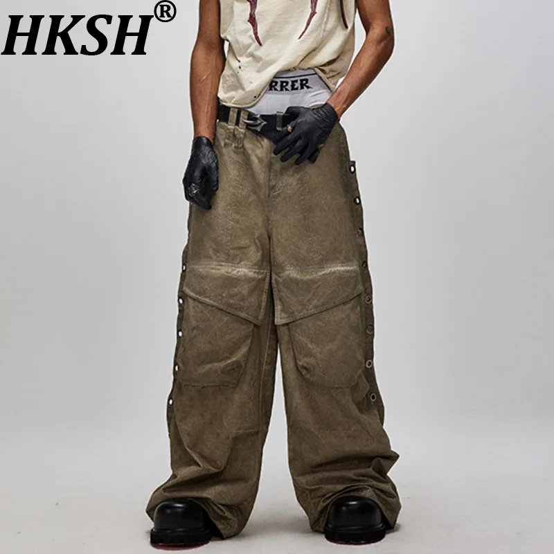 

HKSH весенне-осенние новые мужские повседневные брюки в стиле панк в стиле ретро, повседневные брюки из нескольких предметов, деконструированные большие брюки-карго HK11300