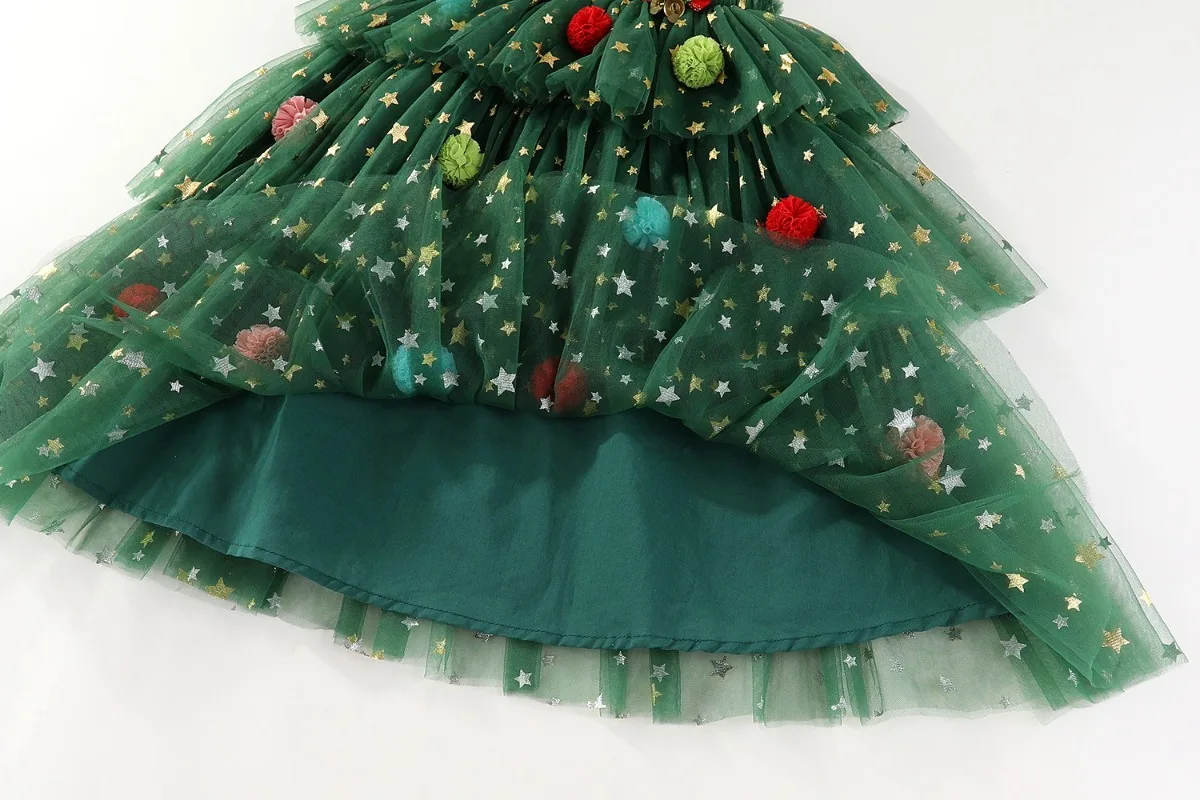 Baby Girls Christmas Tree Dress Sling Star Sequined Mesh Vestidos Layered Tulle Cake Dress with Plush Ball 1-6Y