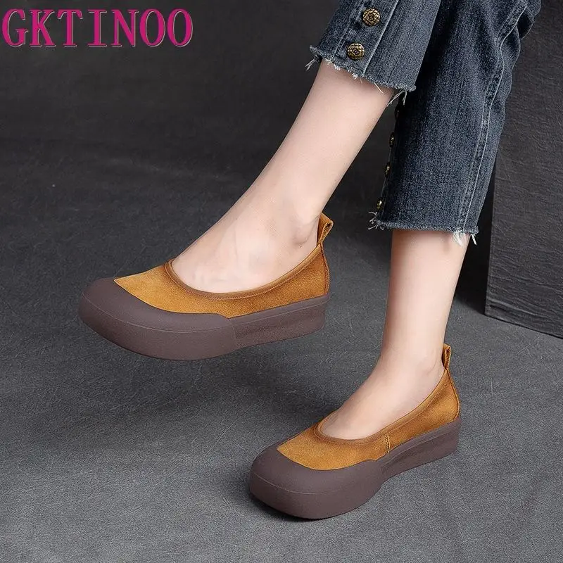 

GKTINOO New Design Literary Style Women Flat Platform Shoes Slip-On Loafers Genuine Cow Leather Shallow Handmade Retro Shoes