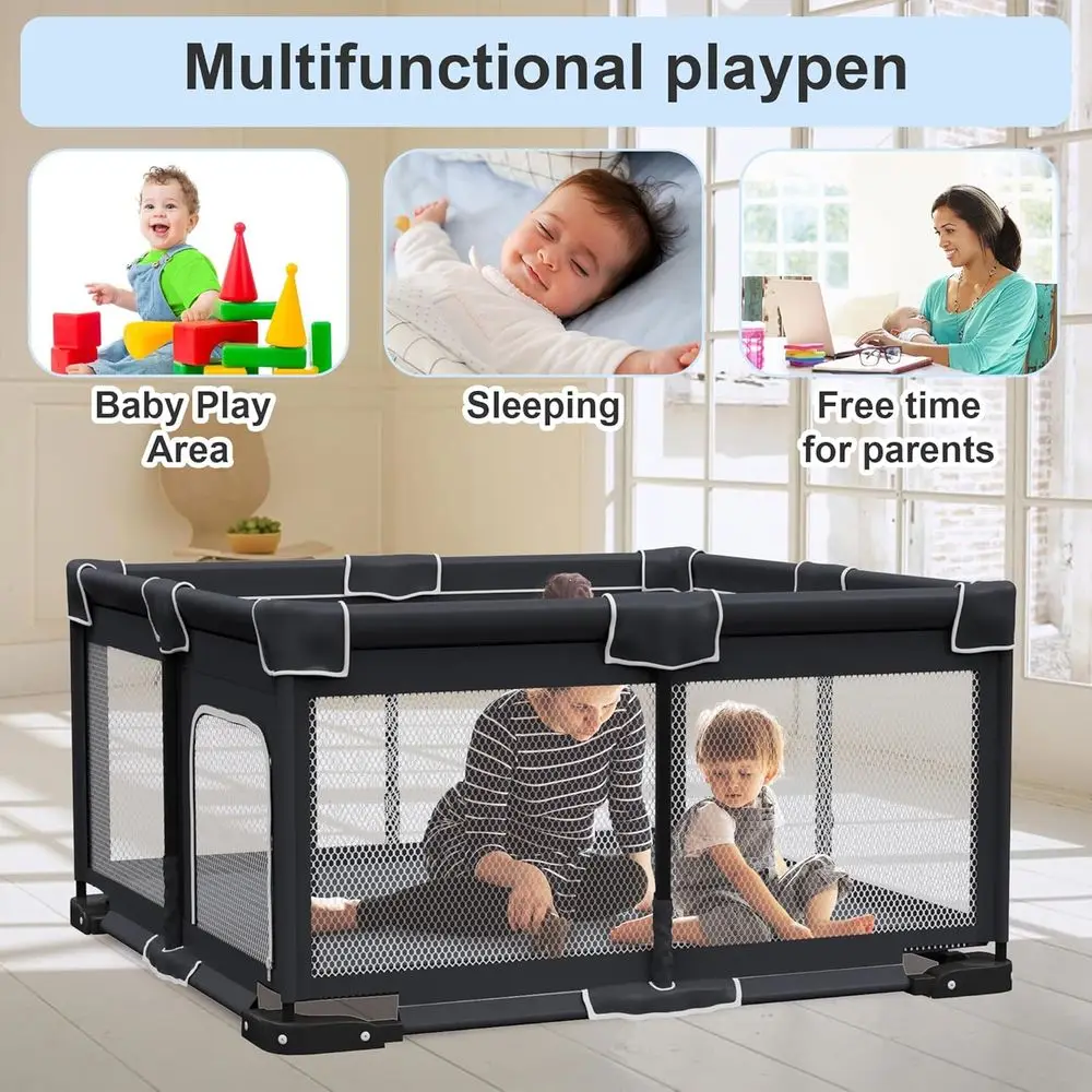 روضة أطفال محمولة قابلة للطي مع حصيرة للأطفال، ساحة لعب للأطفال الصغار بمقبضين (أسود، 50 × 50 بوصة)