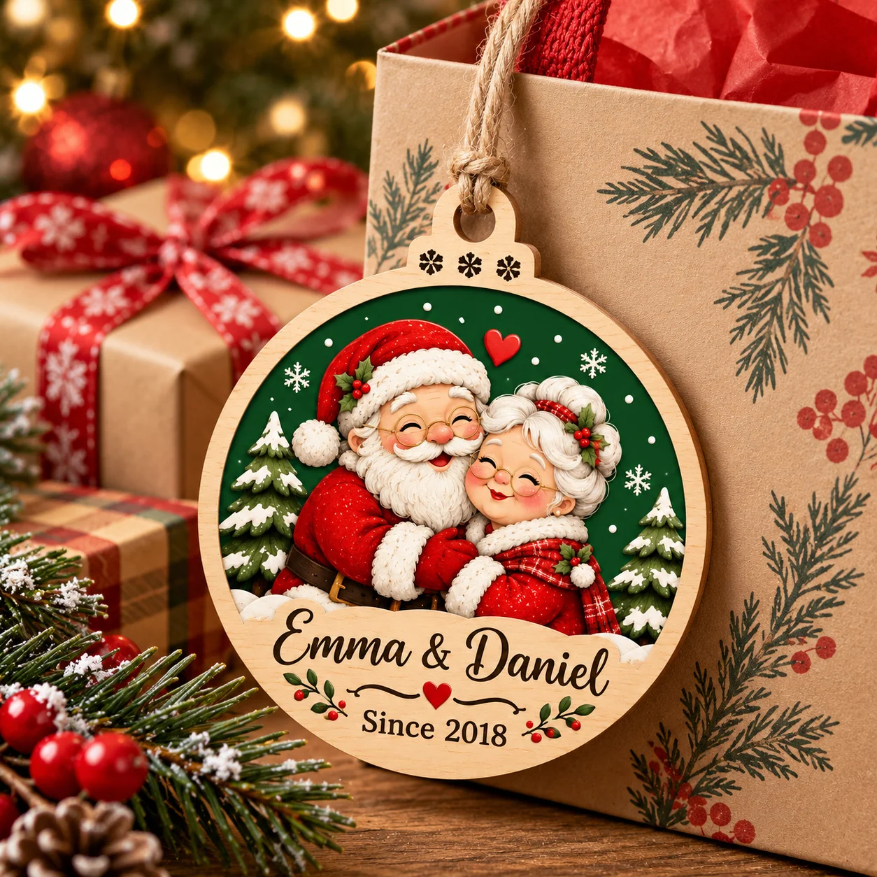 Custom Name Christmas Ornament Personalized Photo Wooden Hanging Decoration Double Layer Wood Tree Decor Holiday Gift Family