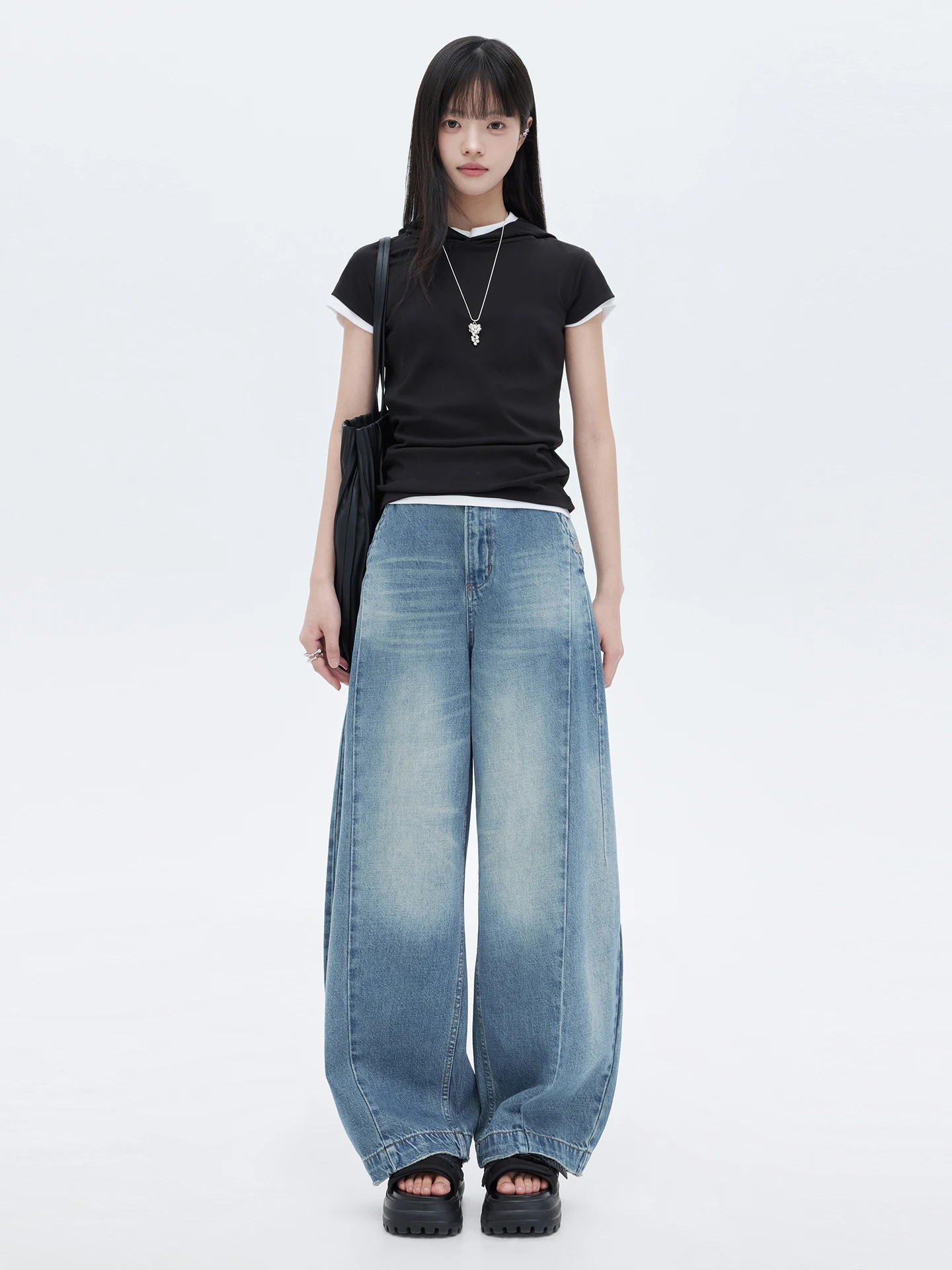

Queen Heavyweight Pure Cotton Washed Wide Leg Jeans Knife Vintage Blue Distressed Casual High Waist Trousers for Women