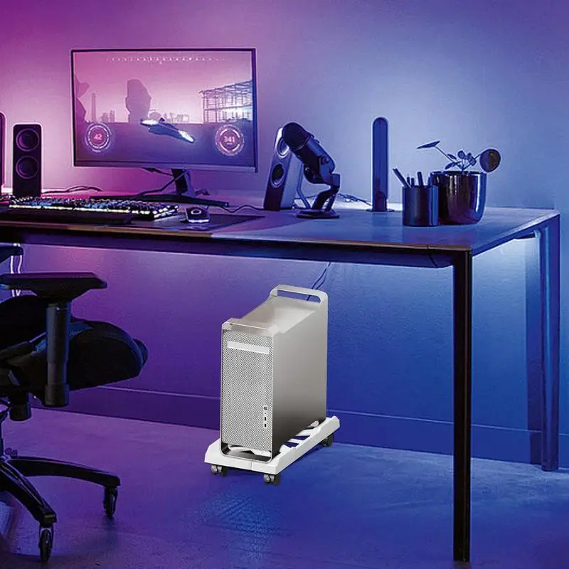 Soporte de caja de CPU móvil ajustable, soporte de torre de PC de alta resistencia, soporte de caja de CPU ventilado debajo del escritorio con 4 ruedas giratorias