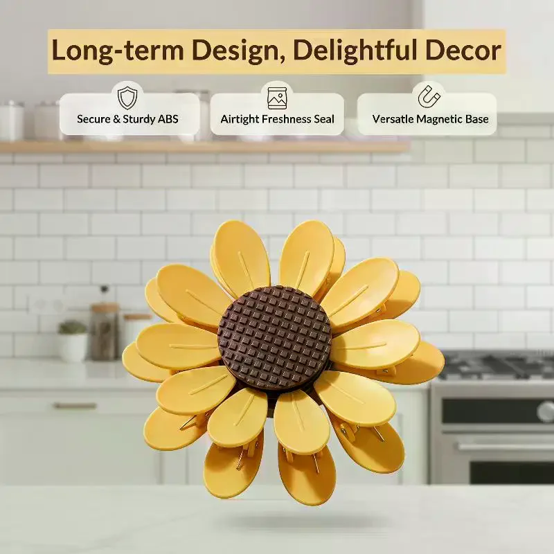 Magnetic Sunflower Sealing Clips Reusable Leakproof Snack Bag Sealers for Kitchen Fridge Travel Storage