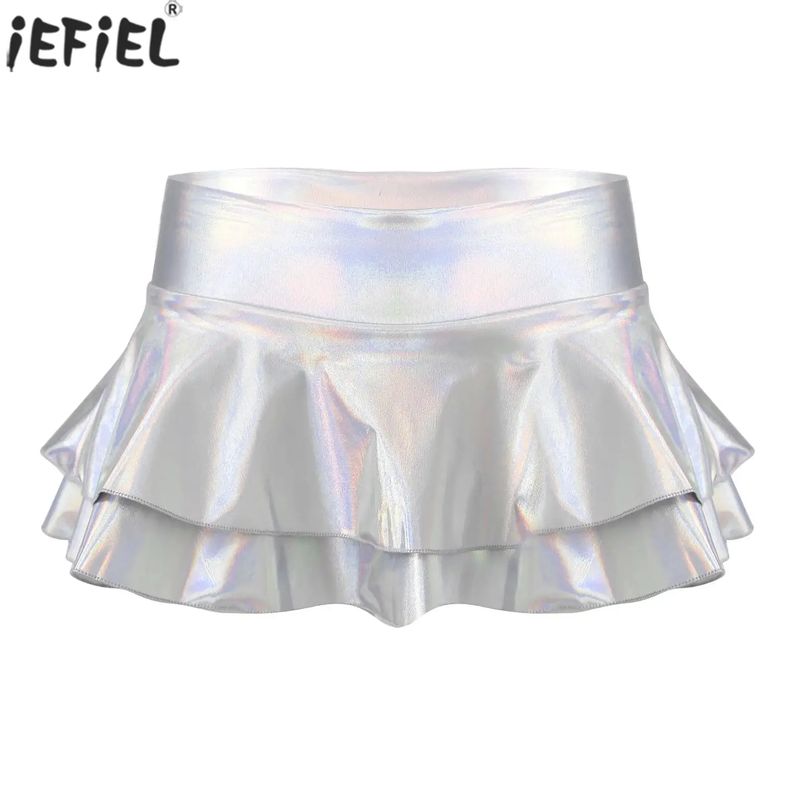 

Sexy Women Shiny Holographic Mini Skirts Low Waist Elastic Layered Tutu Micro Skirts for Bikini Briefs Cover Lingerie Nightgowns