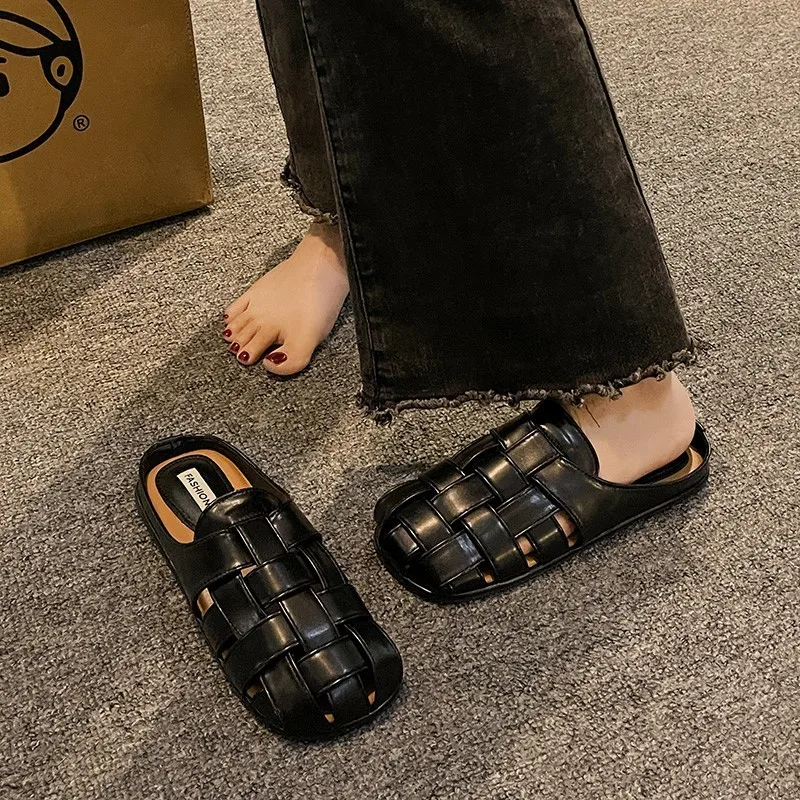 Lazy Baotou Half Slippers A Stirrups Round Head Roman Style 2024 Spring And Summer New Hundred With Flat Sandals Slippers Female