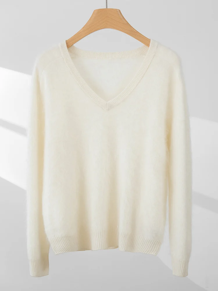 Women 100% Cashmere Sweater Fleece V-Neck Pullovers Sweater Fleece Knit Winter New High-End Clothes Long Sleeve Warm Solid Tops